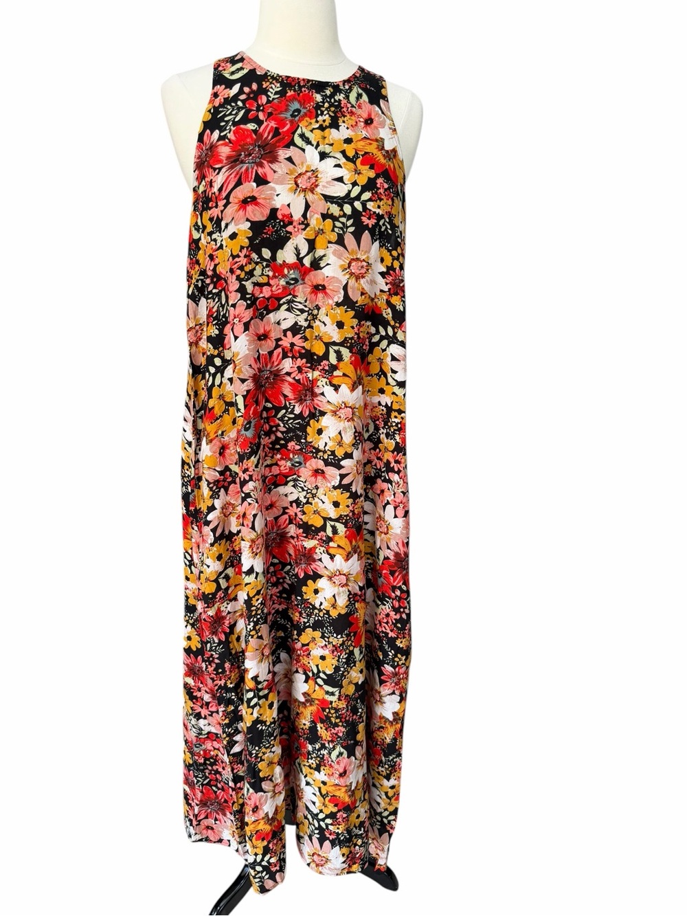 NATURAL LIFE Black Floral Maxi Skirt with Red & Yellow Accents